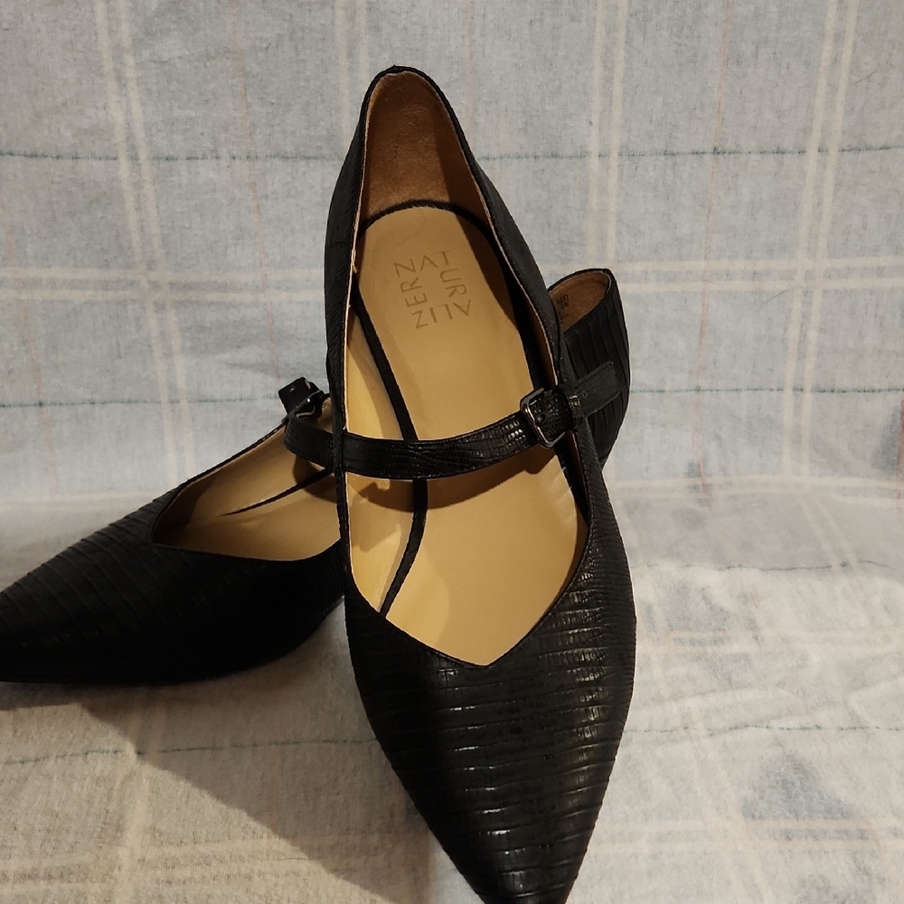 Elegant Black Pointed-Toe Flats with Mary Jane Strap